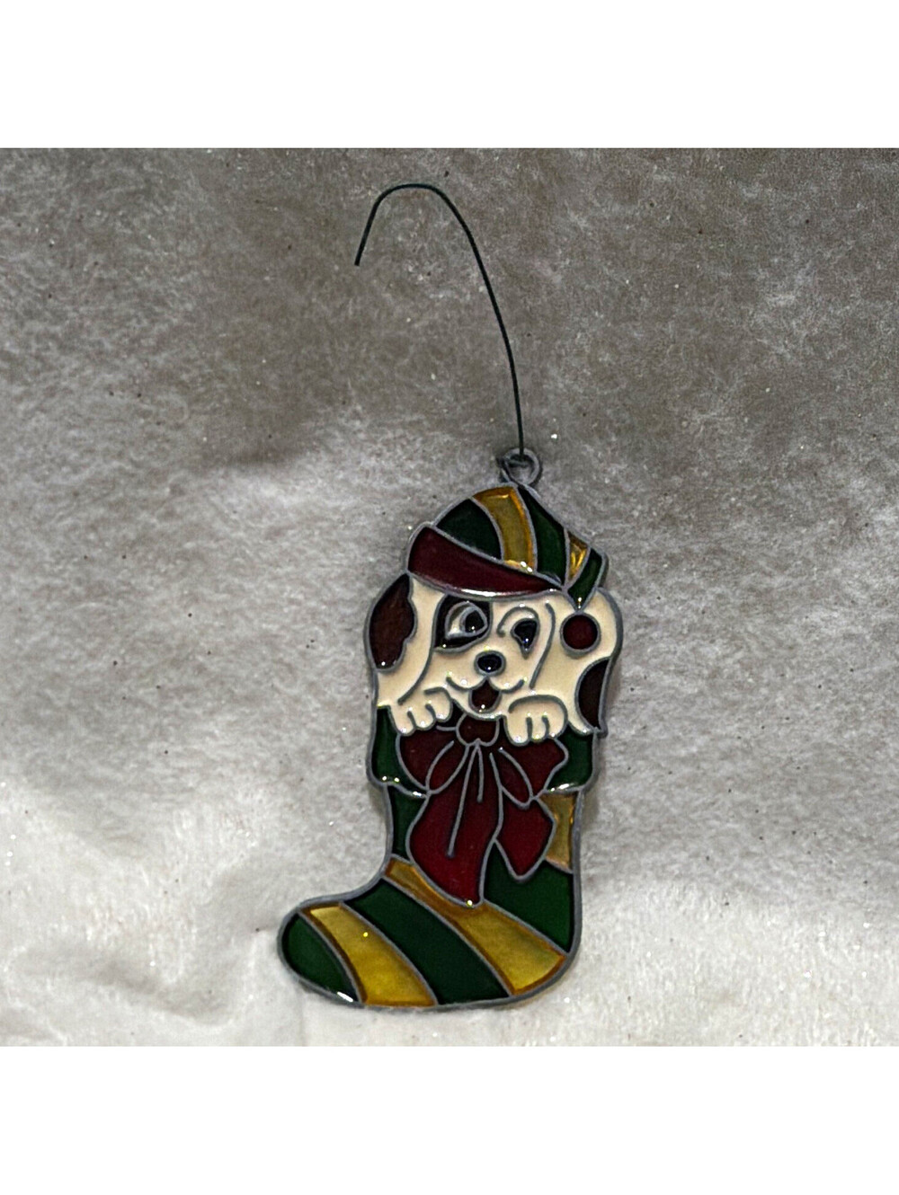 Christmas Dog Striped Stocking Hanging Ornament Green Red Yellow Made in Taiwan